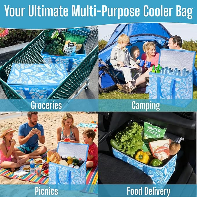 VENO 3 Pack Insulated Cooler Bag Reusable Grocery Bag for Food Delivery | Heavy Duty Large Collapsible Cooler Shopping Tote w/ Zippers, Foldable, Stands Upright for Camping (Spring Breeze, 3 Pack) - Image 5