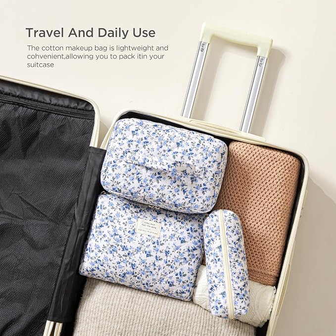HBselect Quilted Makeup Bag, 3Pcs Cotton Large Travel Makeup Bags Organizer | Cute Floral Make up Bag Cosmetic Bag Toiletry Bag for Women Girls, Makeup Pouch for Skincare, Brushes & Travel Essentials - Image 4
