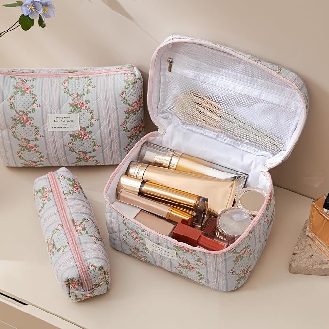 HBselect Quilted Makeup Bag, 3Pcs Cotton Large Travel Makeup Bags Organizer | Cute Floral Make up Bag Cosmetic Bag Toiletry Bag for Women Girls, Makeup Pouch for Skincare, Brushes & Travel Essentials - Image 3
