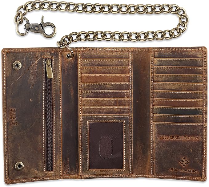 F&L CLASSIC RFID Blocking Mens Tri-fold Long Style Cowhide Leather Steel Chain Wallet,buffalo wax vintage leather,212 wax brown - Image 2