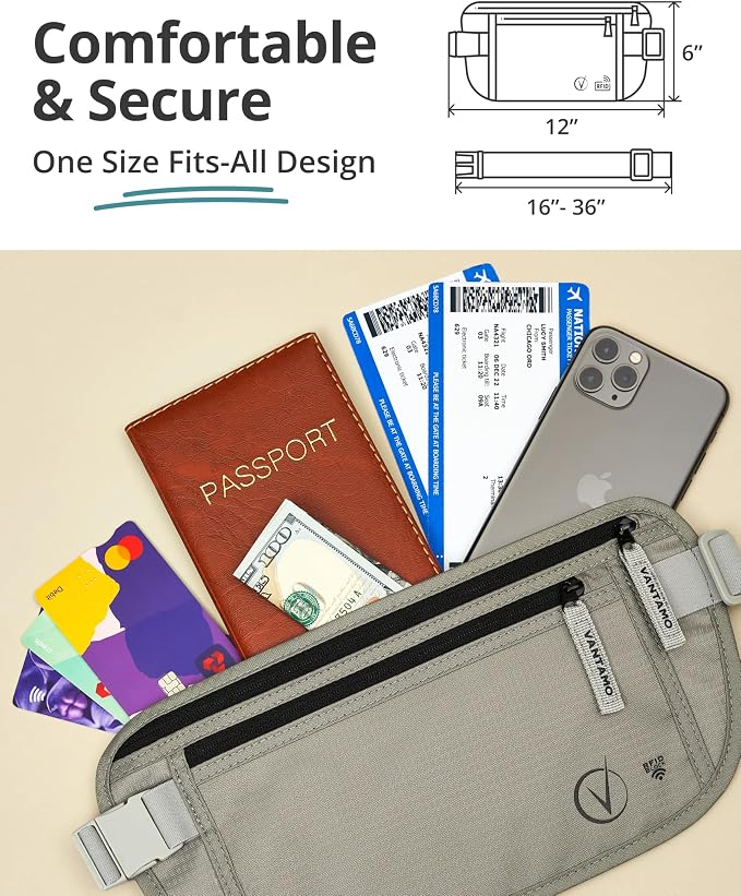 Vantamo Money Belt with RFID For Men & Women, Hidden Passport Holder for Travel, 2 Compartment Travel Fanny Pack for Women Anti Theft - Image 4