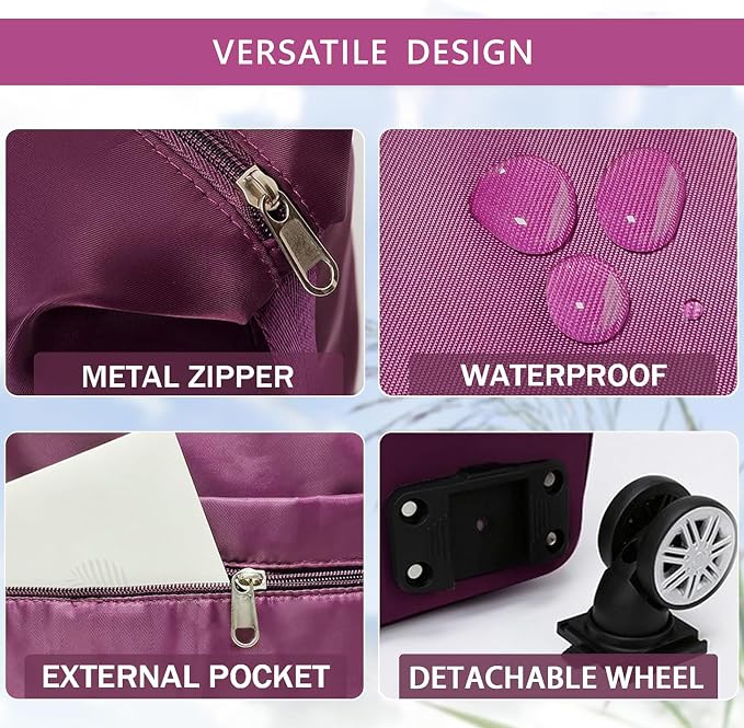 Expandable Foldable Duffel Bag with Detachable Rolling Wheels, Large Carry-On Luggage for Travel, Gym, Camping, Shopping, Business Trip (Purple) - Image 8