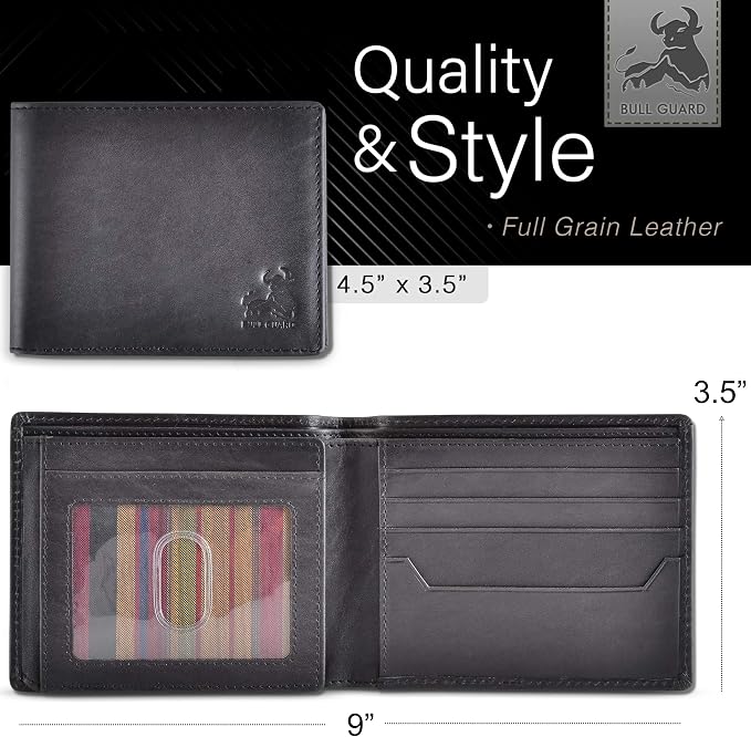 BULL GUARD Black Leather Wallet for Men with RFID Blocking - Bifold High Capacity with Side Flip 2 ID Windows and 10 Credit Cards Slots - Image 2