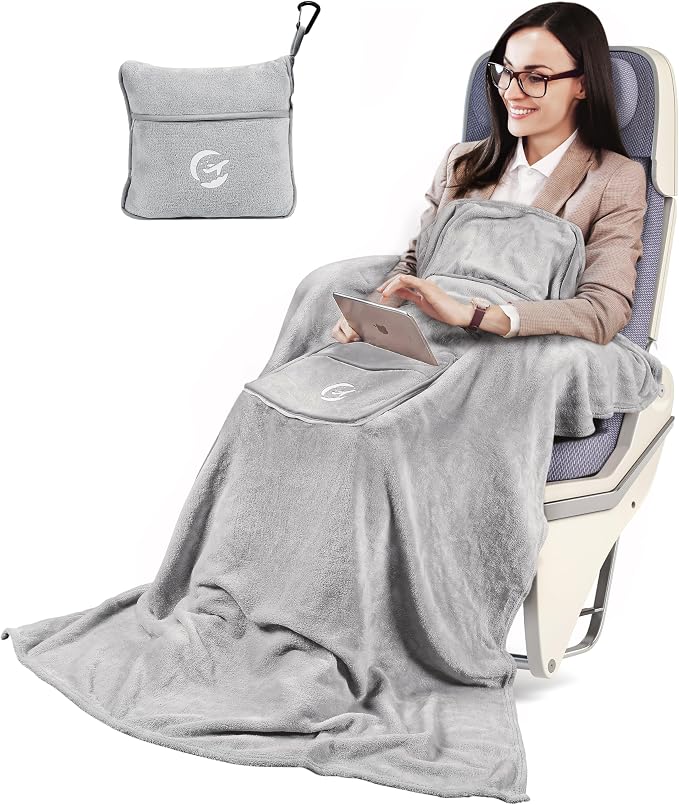 Tirrinia Travel Blanket Airplane Compact with Bag - Cozy Travel Pillow Blanket for Long Flight, Airplane Travel Essentials, Packable and Lightweight Travel Blanket and Pillow Set for Kids & Adults, by Tirrinia
