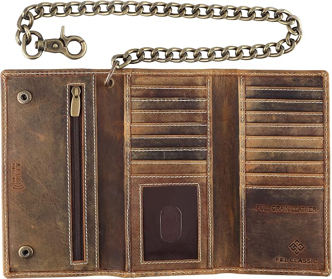 F&L CLASSIC RFID Blocking Mens Tri-fold Long Style Cowhide Leather Steel Chain Wallet,buffalo wax vintage leather,212 wax brown W/white stitching - Image 2