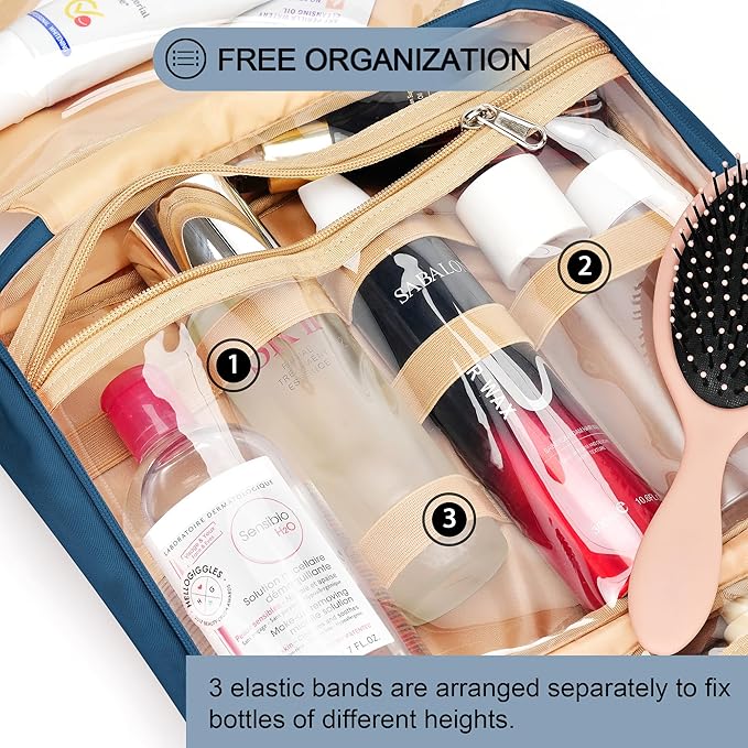Travel Hanging Toiletry Bag for Women, Large Makeup Bag 8 Leak Proofing Silicone Bottle Covers, Waterproof Cosmetic Bag with Jewelry Organizer Compartment, Toiletries Kit Set, Navy Blue - Image 6