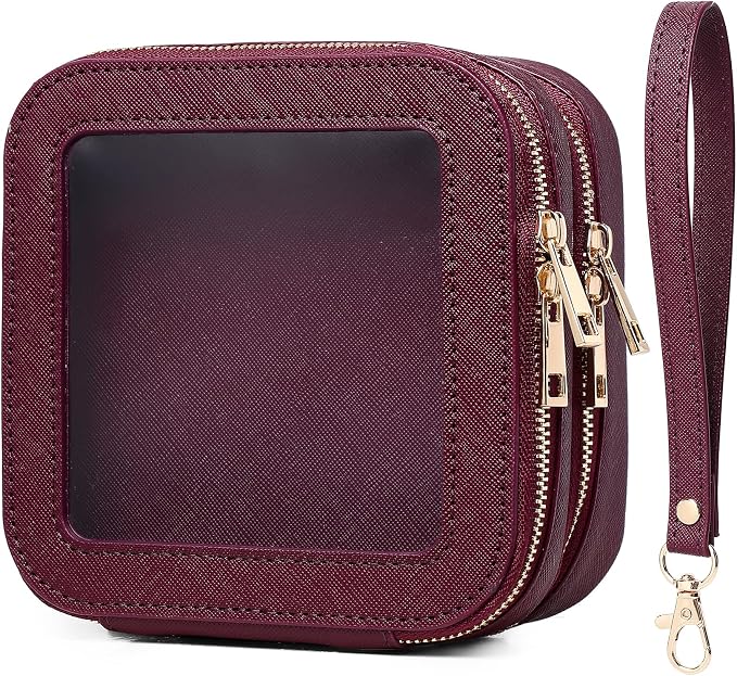 Pinkmik Double Layer Makeup Bag (Burgundy, 2-Layer MINI) | Small Clear Makeup Pouch, Mini Travel Cosmetic & Toiletry Bag, Purse Organizer, Car Essentials for Women by Pinkmik