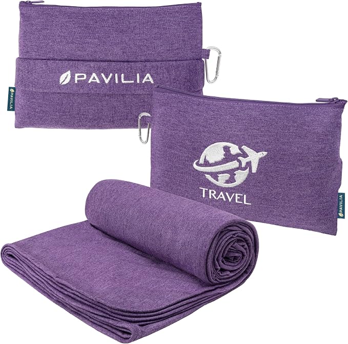 PAVILIA Travel Blanket Compact, Airplane Packable Bag, Soft Fleece Portable Throw Pillow Combo Set, Plane Flight Car Trips Essentials Gift Accessories, Luggage Backpack Clip, Purple, 65 x 40 Inch by PAVILIA