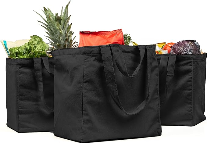 VeraMia Canvas Grocery Bag 3pc XL Set with Real Pockets, Long Shoulder Strap and Short Handle. Heavy Duty, Foldable, Washable by VeraMia