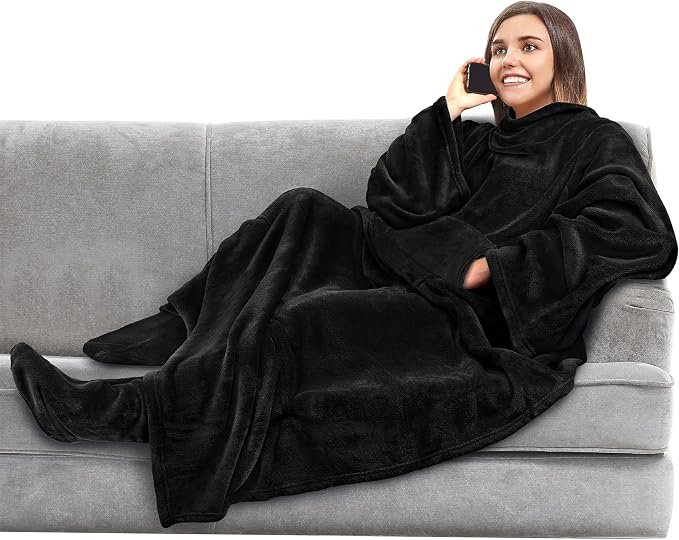PAVILIA Fleece Blanket with Sleeves, Foot Pockets for Women Men Adults, Plush Wearable Blanket Throw Wrap, Warm Snuggle Blanket Robe, Cozy Gift Ideas Wife Mom, Black by PAVILIA