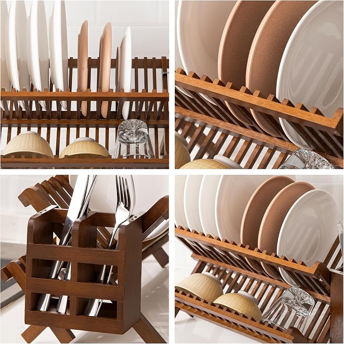 HBlife Dish Rack,Teak Folding 2-Tier Collapsible Drainer Dish Drying Rack with Utensils Flatware Holder Set (Dish Rack with Utensil Holder) - Image 8