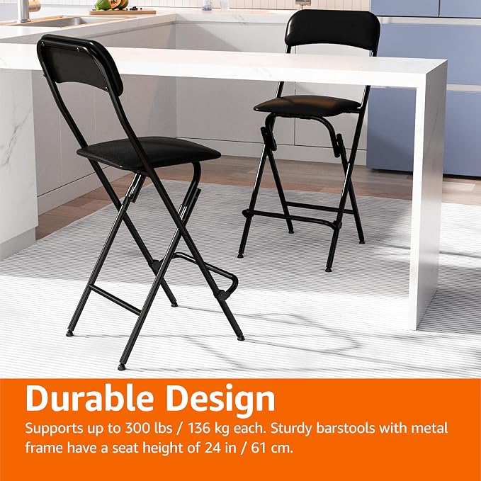 Amazon Basics Folding Bar Stool with Footrest, Portable, Sturdy, Space-Saving Storage, 300lb Capacity, 24" Height, Black, Set of 2 - Image 5