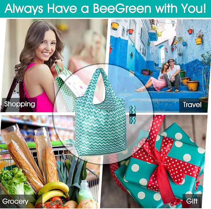 BeeGreen Reusable Grocery Bags Lightweight Durable Shopping Bags Washable Foldable 12 Pack Xlarge Classic Geometric Design Gift Tote Grocery Bags with Elastic Band and Separated Zipper Storage Pouch - Image 7