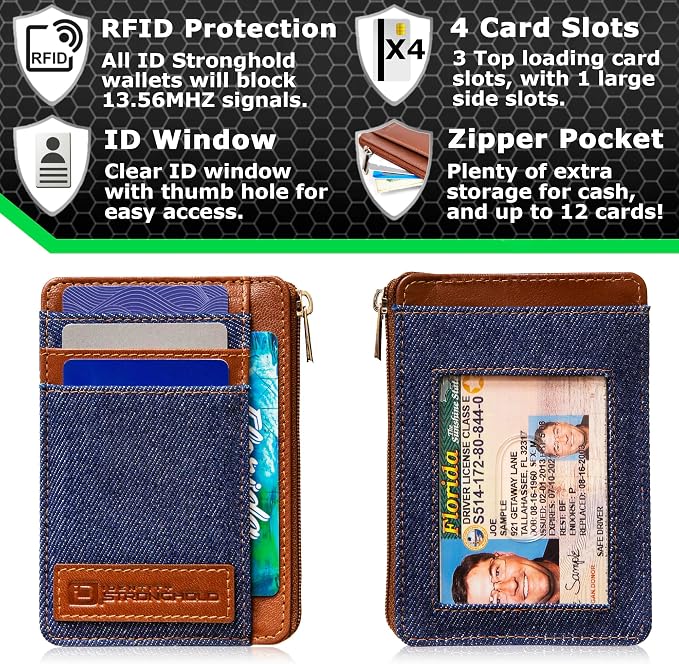 ID Stronghold RFID Blocking Front Pocket Wallet – Slim Minimalist Genuine Leather Wallet with Zipper Coin Pocket (Denim) - Image 4