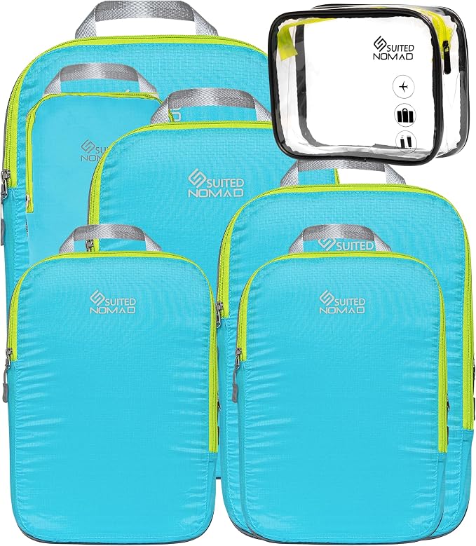 Ultralight Compression Packing Cubes Set, Suitcase and Backpack Travel Organizer Bags (Turquoise, 7Piece) by SUITEDNOMAD