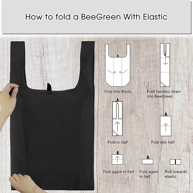 BeeGreen Black Reusable Grocery Bags Shopping Bags for Groceries 12 Pack Heavy Duty - Foldable Polyester Grocery Totes with Handles and Zipper Bag, Large Travel Washable Holiday Tote Bag Bulk​ - Image 7