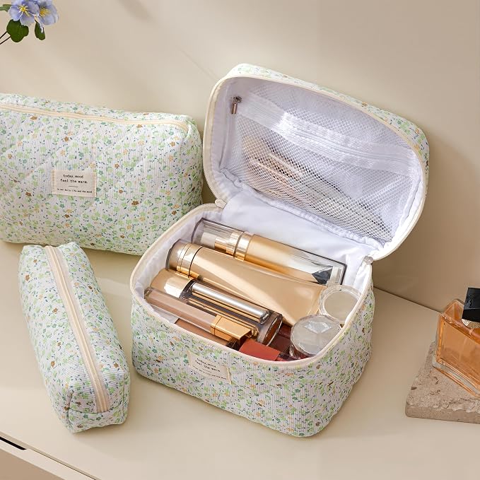 HBselect Quilted Makeup Bag, 3Pcs Cotton Large Travel Makeup Bags Organizer | Cute Floral Make up Bag Cosmetic Bag Toiletry Bag for Women Girls, Makeup Pouch for Skincare, Brushes & Travel Essentials - Image 2