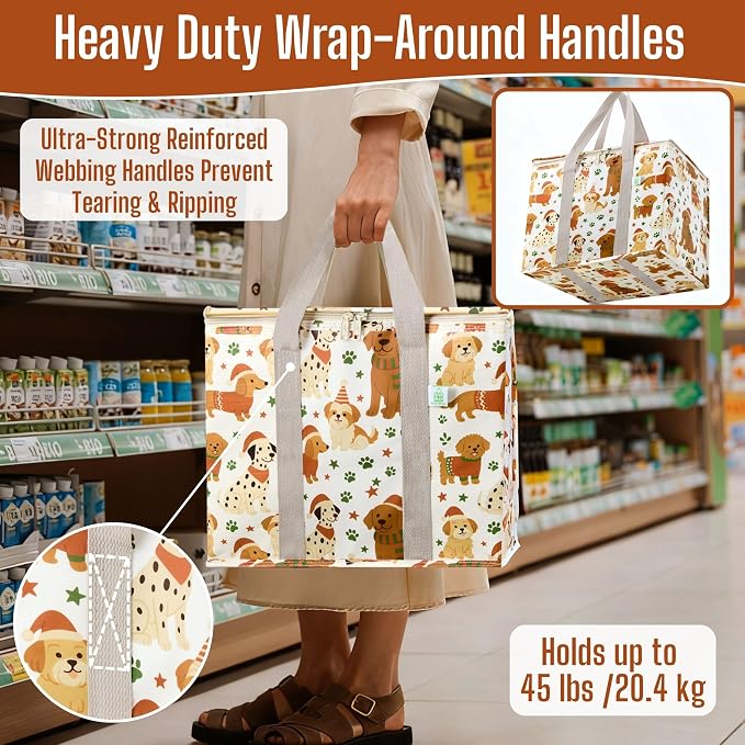 VENO 2 Pack Insulated Cooler Bag for Food Delivery, Reusable Grocery Bag | Heavy Duty Large Collapsible Cooler Shopping Tote w/ Zippers, Foldable, Stands Upright for Camping (Holiday Pups, 2 Pack) - Image 3