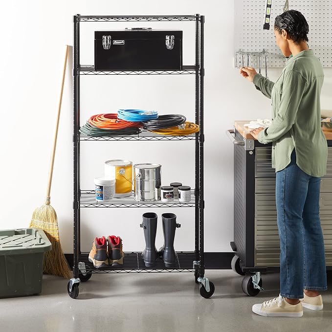 Amazon Basics 5-Shelf Heavy Duty Garage Shelving Storage Rack with 4" Wheel Casters, Adjustable Metal Wire Organizer, 300 lbs Per Shelf, 30" x 14" x 64.75", Black - Image 2