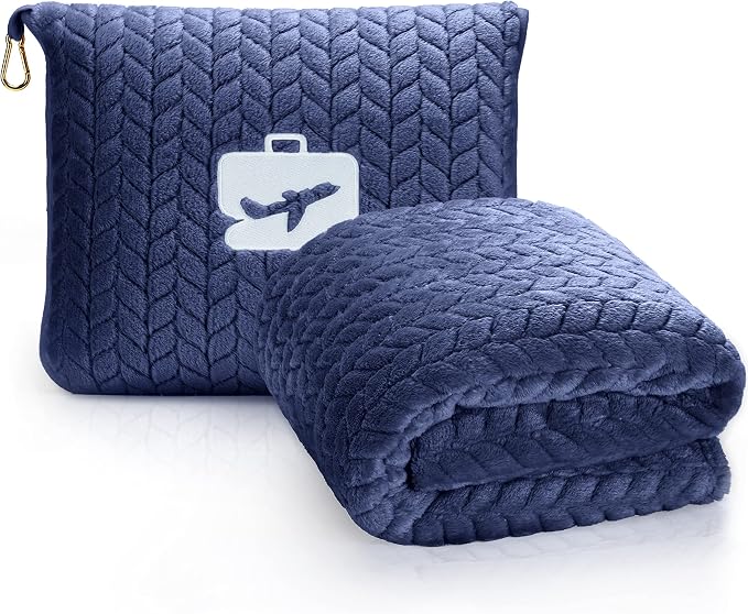 EverSnug Travel Blanket & Pillow 68x42 - Premium Ultra-Soft Microfleece 2 in 1 Compact & Packable Flight Blanket with Soft Bag Pillowcase, Hand Luggage Sleeve and Backpack Clip (Navy Blue) by EverSnug