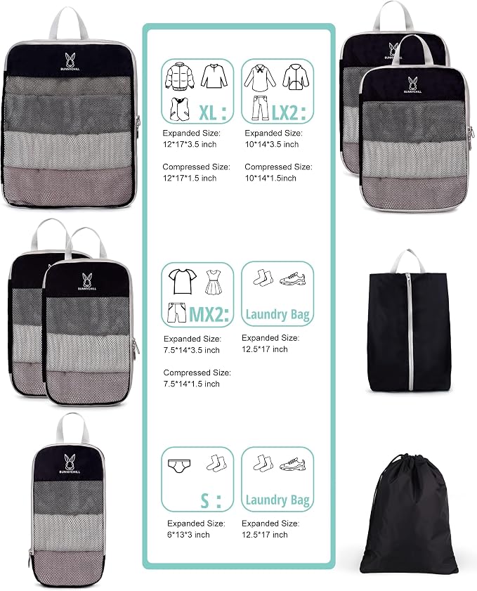 6/8 Set Space Saving Compression Packing Cubes Lightweight Packing Cube | Expandable Space-Saving Compression Cubes 6 Set Lightweight Travel Luggage Packing Cubes Organizer Essentials Smooth Zippers - Image 5