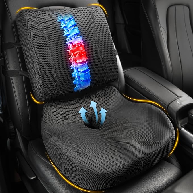 Allaboutsla Car Seat Cushion and Lumbar Back Support Pillow Set for Driving | Memory Foam Car Seat Cushions, Back Support for Car, Car Cushion for Height, Pressure Relief for Trucks, Office Chairs, Black by Allaboutsla