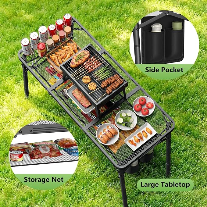 Raynesys Portable Folding Grill Table for Outside for Picnic, Camping | 3 Height Adjustable Small Camping Table with Mesh Bag, Metal Aluminum Folding Table, 35.43x15.75 inches, Black - Image 4