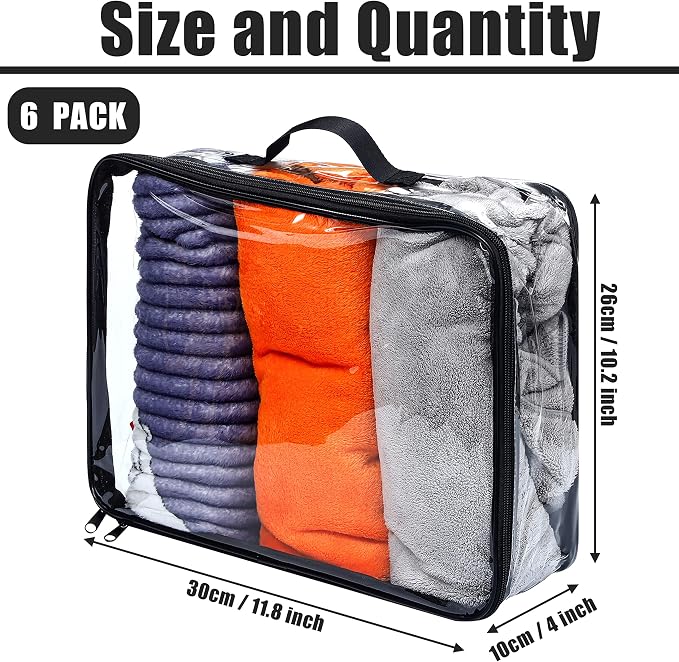 6 Pieces Large Clear Travel Packing Cube Clear Vinyl Zippered Storage Bags See Through Moving Bag PVC Multipurpose Pouch with Handle for Suitcase Shirts Dress Storage (Black, 11.8 x 10.2 x 3.9 Inch) - Image 2