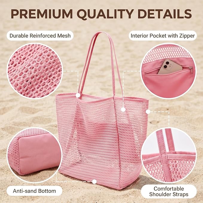 Mesh Beach Tote Bag for Women, Sandproof Quick Dry Foldable Travel Bag - Image 3