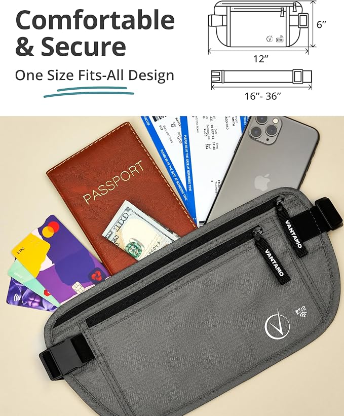 Vantamo Money Belt with RFID For Men & Women, Hidden Passport Holder for Travel, 2 Compartment Travel Fanny Pack for Women Anti Theft - Image 4
