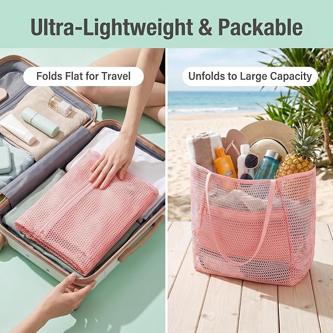 Mesh Beach Tote Bag for Women, Sandproof Quick Dry Foldable Travel Bag - Image 4