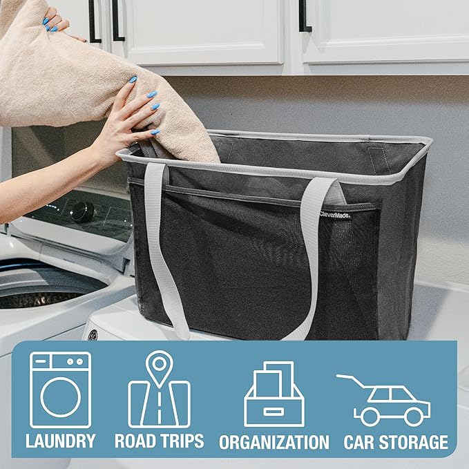 CleverMade EcoBasket Collapsible Grocery Tote, 30L Structured Tote Bag | Load Groceries Without the Bag Collapsing | The Structured Frame Stays Open, Then Folds to 1 Inch for Compact Trunk Storage - Image 3