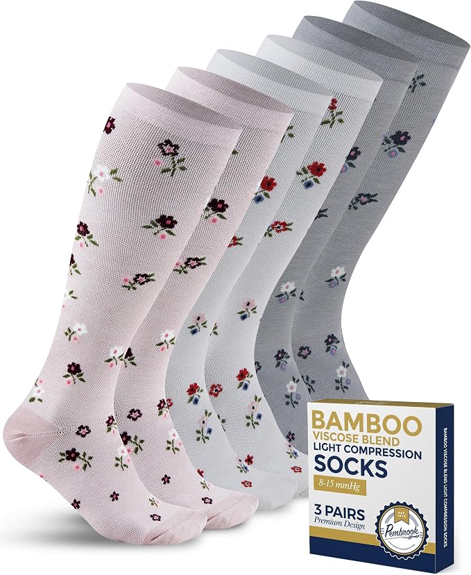Pembrook® Bamboo Viscose Light Compression Socks - 3 Pairs | 8-15 mmhg Compression Socks | Knee High Comfort Support Socks by Pembrook