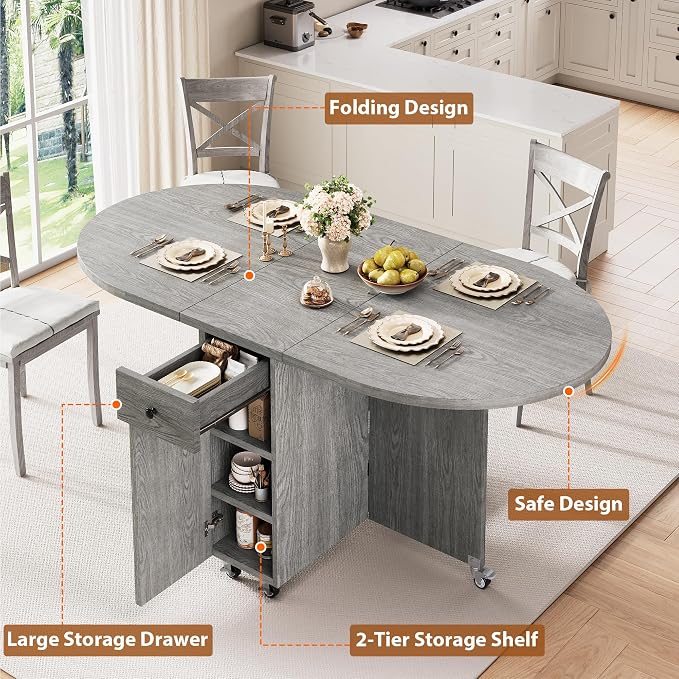 Jocoevol Round Folding Dining Table for 4, Space Saving Drop Leaf Kitchen Table with Storage Drawer, 6 Wheels Oval Gateleg Foldable Dining Table for Small Spaces(Grey 47 * 23.6 * 30) - Image 4