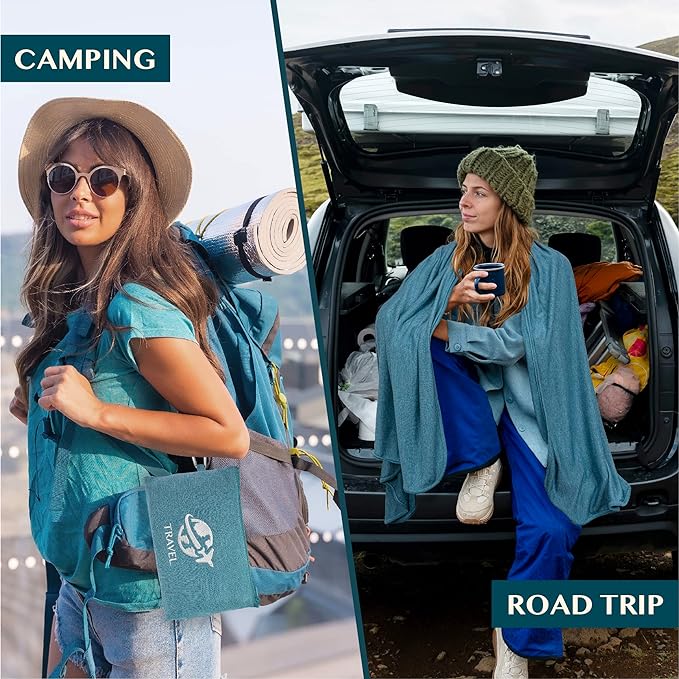 PAVILIA Travel Blanket Airplane Compact with Bag, Small Travel Pillow Blanket Long Flights, Lightweight Plane Blanket with Luggage Strap, Camping Blanket for Traveler Essentials, Teal Blue, 65x40 - Image 4