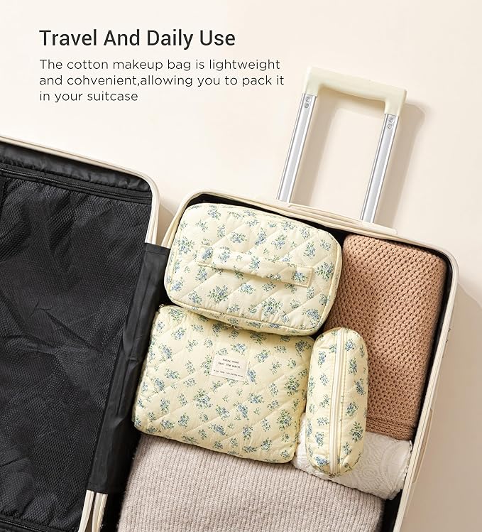 HBselect Quilted Makeup Bag, 3Pcs Cotton Large Travel Makeup Bags Organizer | Cute Floral Make up Bag Cosmetic Bag Toiletry Bag for Women Girls, Makeup Pouch for Skincare, Brushes & Travel Essentials - Image 4