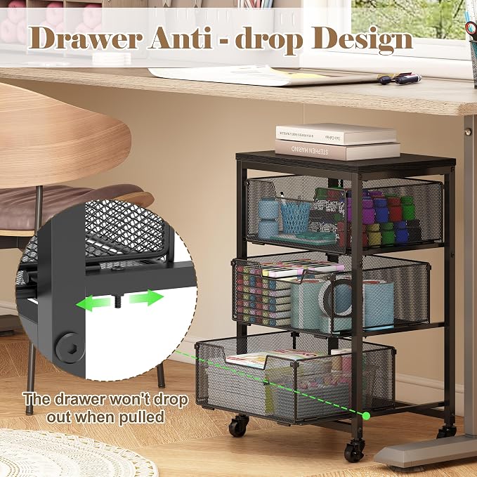 Under Desk Storage Cart with Lockable Wheels, 3-Drawer Rolling Storage Cart, Metal Utility Cart with Drawers for Art, Cart, Classroom, Office, Kitchen, Bedroom, Dorm Storage Under Bed - Image 5
