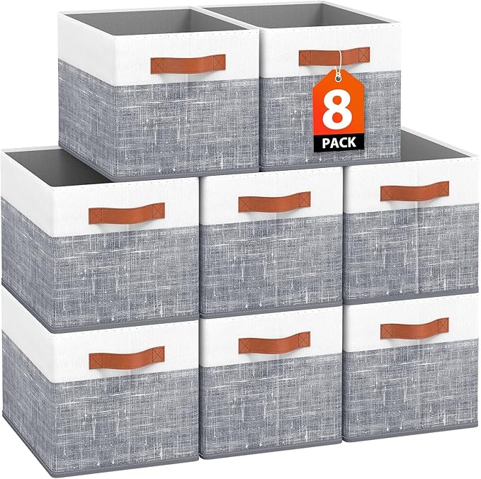 Collapsible Storage Baskets for Shelves,14"x10", 8 Pack Foldable Fabric Storage Bins with Double Leather Handles, Large Baskets for Organizing Books, Clothes, White & Grey by Fabtotes