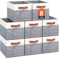 Collapsible Storage Baskets for Shelves,14"x10", 8 Pack Foldable Fabric Storage Bins with Double Leather Handles, Large Baskets for Organizing Books, Clothes, White & Grey by Fabtotes