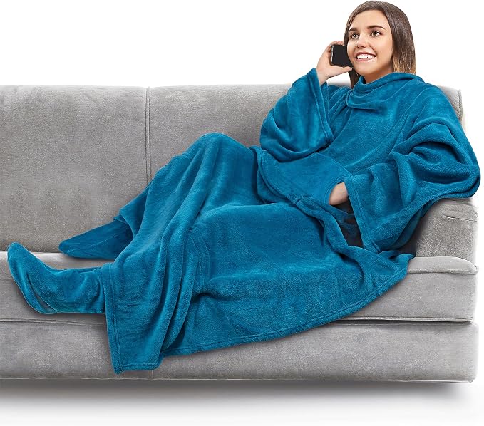 PAVILIA Fleece Blanket with Sleeves, Foot Pockets for Women Men Adults, Plush Wearable Blanket Throw Wrap, Warm Snuggle Blanket Robe, Cozy Gift Ideas Wife Mom Teal Blue by PAVILIA