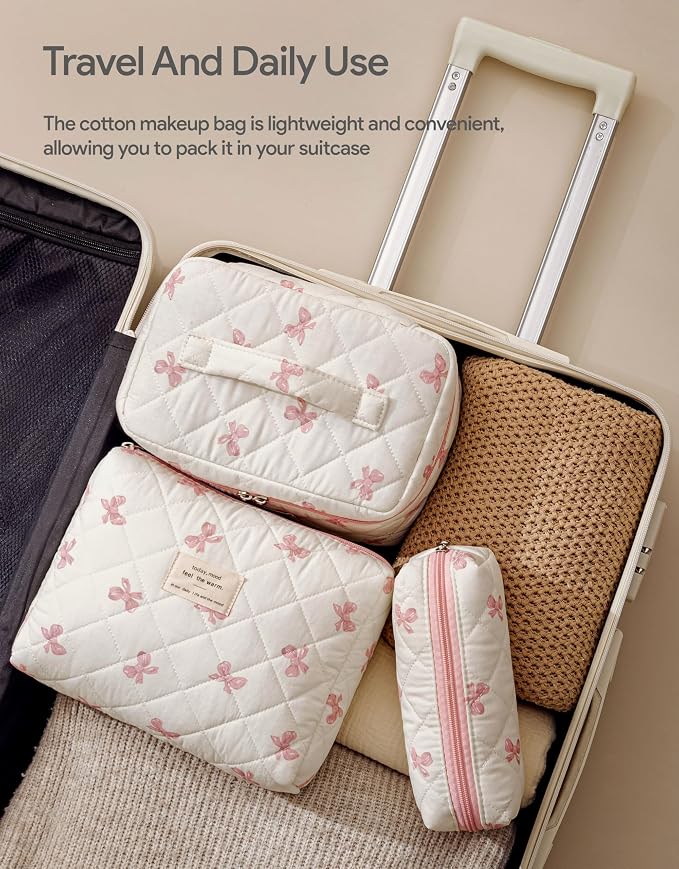 HBselect Quilted Makeup Bag, 3Pcs Cotton Large Travel Makeup Bags Organizer | Cute Floral Make up Bag Cosmetic Bag Toiletry Bag for Women Girls, Makeup Pouch for Skincare, Brushes & Travel Essentials - Image 4