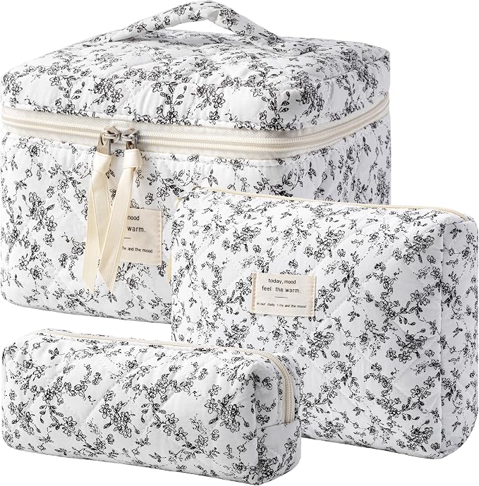 HBselect Quilted Makeup Bag, 3Pcs Cotton Large Travel Makeup Bags Organizer | Cute Floral Make up Bag Cosmetic Bag Toiletry Bag for Women Girls, Makeup Pouch for Skincare, Brushes & Travel Essentials by HBselect