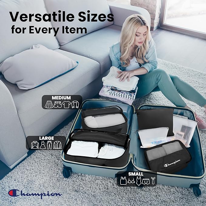 Champion Packing Cubes for Travel - 6 Piece Organizer Set, Carry-On Ready | Breathable mesh, sturdy handles; 3 cubes, 1 laundry bag, 2 zip pouches; zipper closure; fits carry-on and full-size suitcases - Image 5