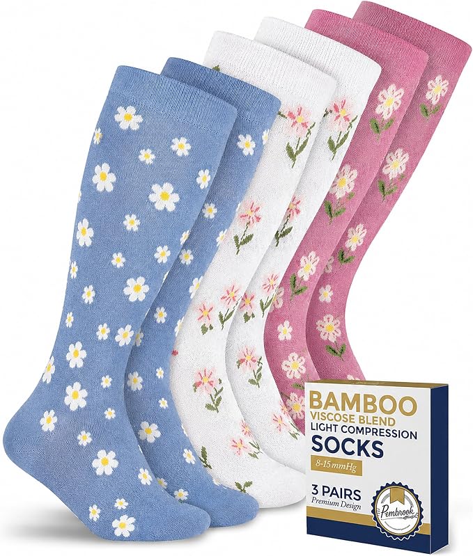 Pembrook® Bamboo Viscose Light Compression Socks - 3 Pairs | 8-15 mmhg Compression Socks | Knee High Comfort Support Socks by Pembrook