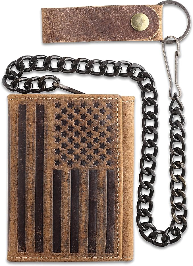 F&L CLASSIC RFID Blocking Men's Tri-fold Vintage Biker Cowhide Leather Steel Chain Wallet,Snap closure, brown,flag,315-100 by FLCLASSIC