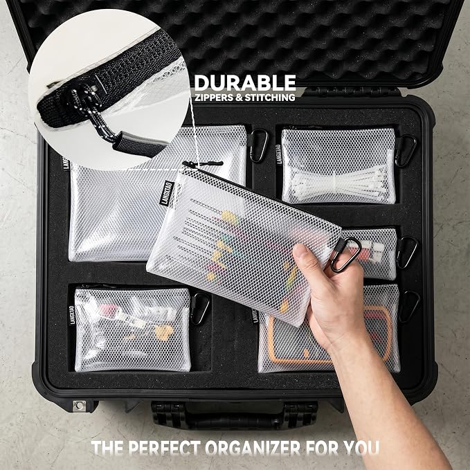 5 Pack Clear Zipper Pouches, Tool & Cable Organizer Waterproof Travel Pouch | Build In Carabiner Clip & Label Sticker, Waterproof Pouch, Mesh Zipper Pouch Bags, Tool Bag, Travel & Tech Pouch, Multi-Size - Image 8