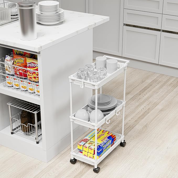 SimpleHouseware Standard 3-Tier Slim Rolling Storage Cart, White - Image 6