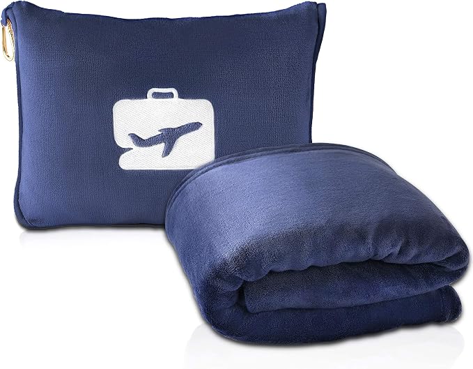 EverSnug Travel Blanket and Pillow - Premium Soft 2 in 1 Airplane Blanket with Soft Bag Pillowcase, Hand Luggage Sleeve and Backpack Clip (Navy Blue) by EverSnug