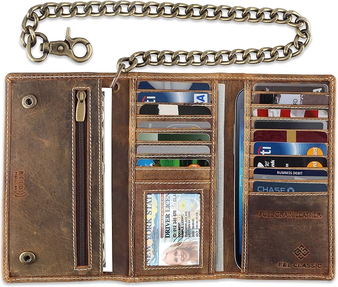 F&L CLASSIC RFID Blocking Mens Tri-fold Long Style Cowhide Leather Steel Chain Wallet,buffalo wax vintage leather,212 wax brown W/white stitching - Image 3