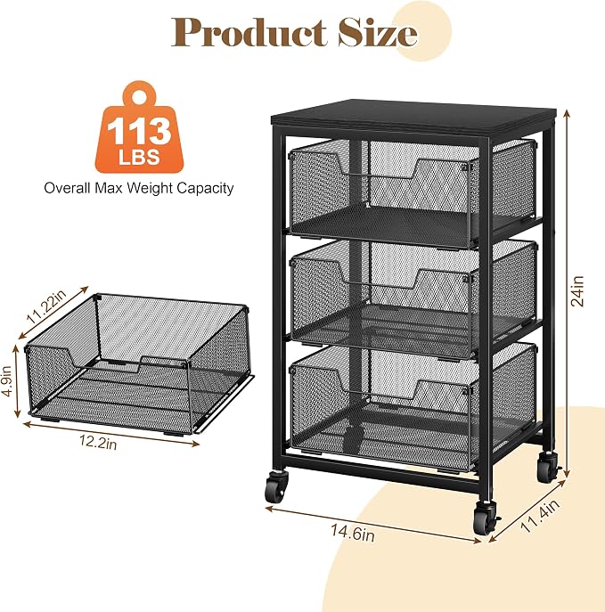 Under Desk Storage Cart with Lockable Wheels, 3-Drawer Rolling Storage Cart, Metal Utility Cart with Drawers for Art, Cart, Classroom, Office, Kitchen, Bedroom, Dorm Storage Under Bed - Image 2